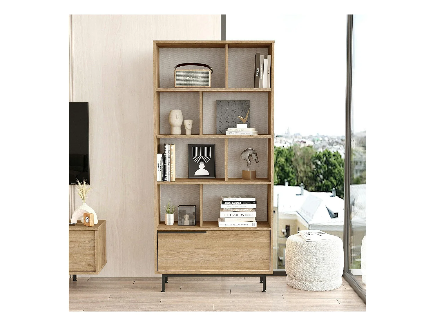 Bibliothèque ouverte effet bois avec rangement bas fermé JENA