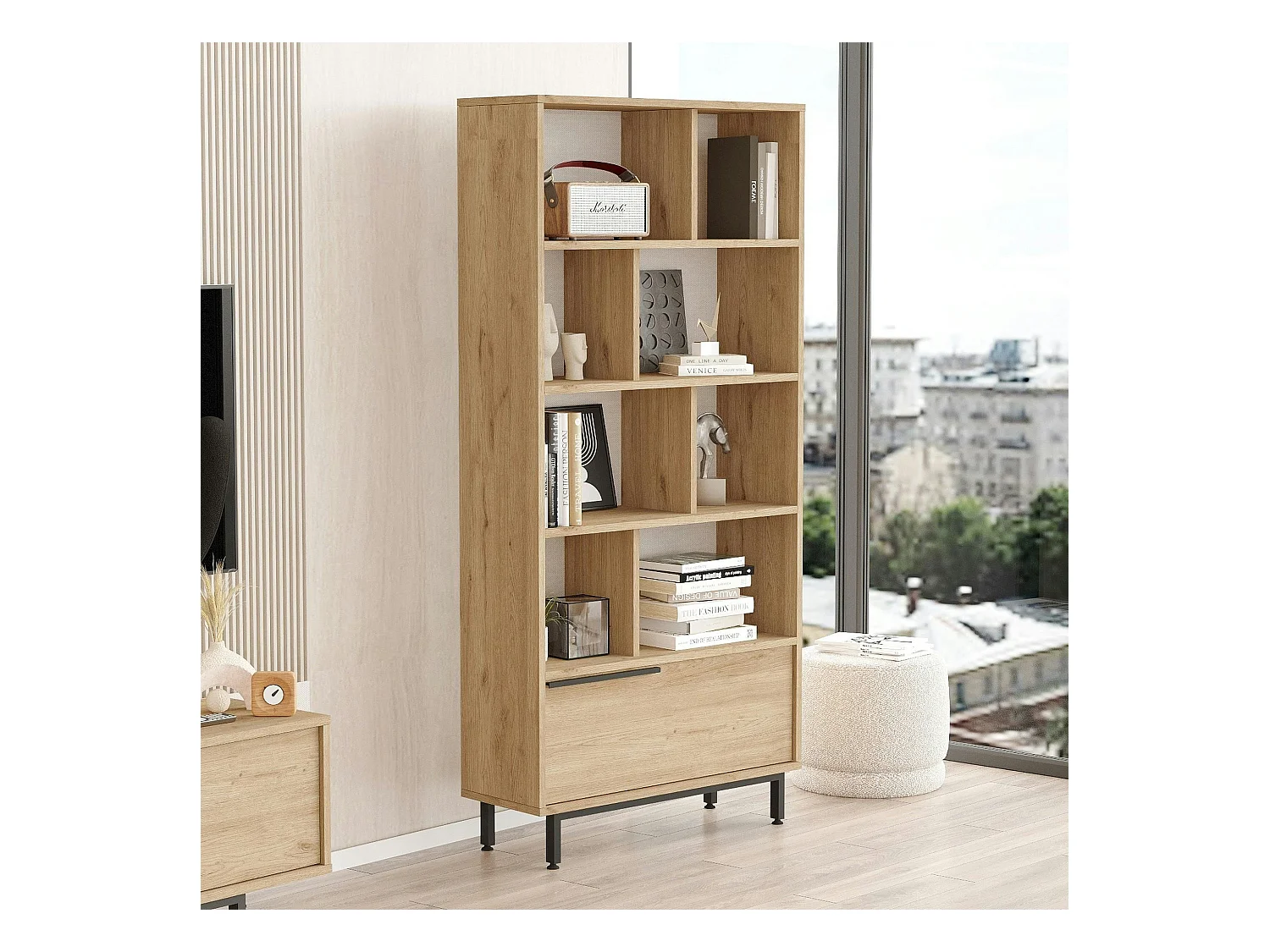 Bibliothèque ouverte effet bois avec rangement bas fermé JENA