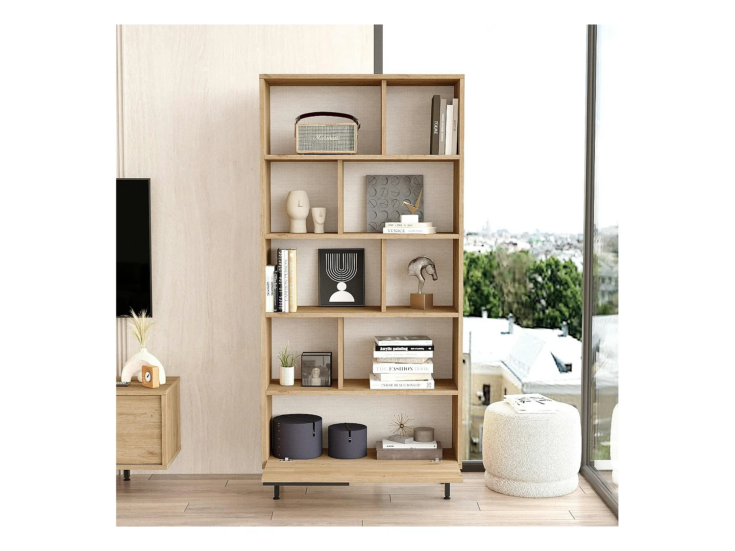 Bibliothèque ouverte effet bois avec rangement bas fermé JENA