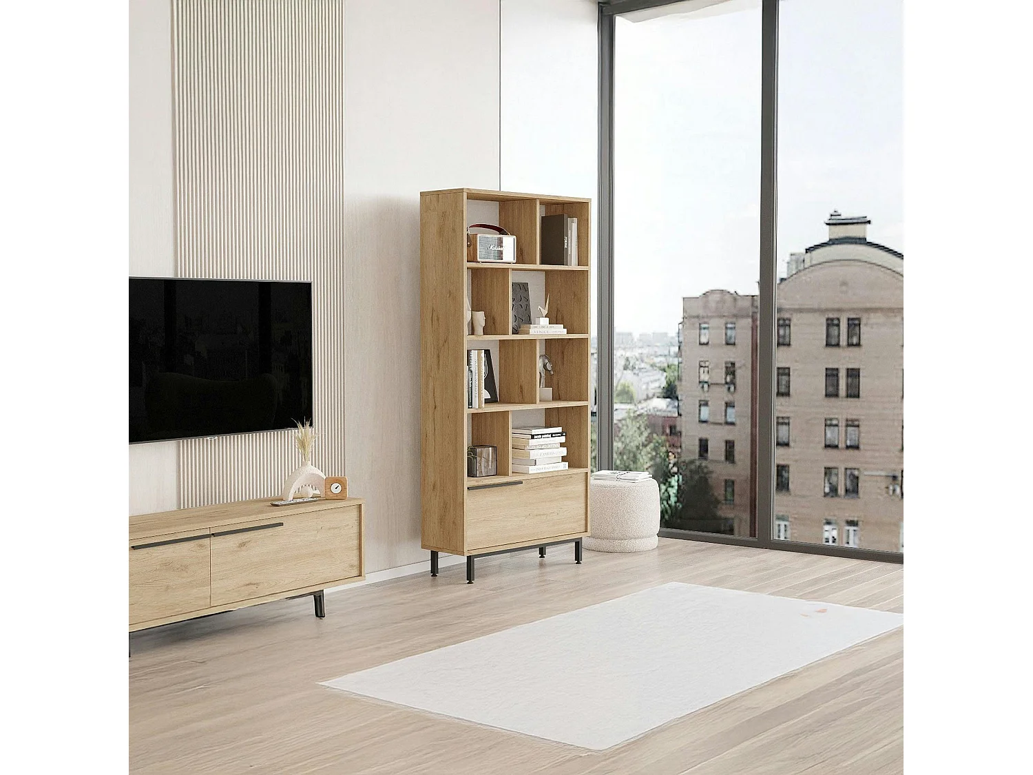 Bibliothèque ouverte effet bois avec rangement bas fermé JENA