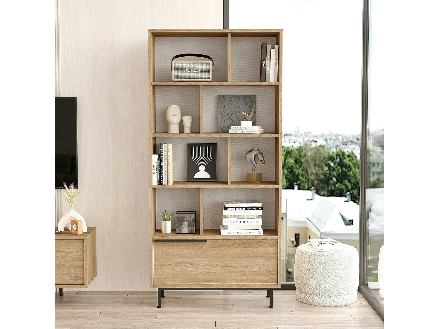 Bibliothèque ouverte effet bois avec rangement bas fermé JENA