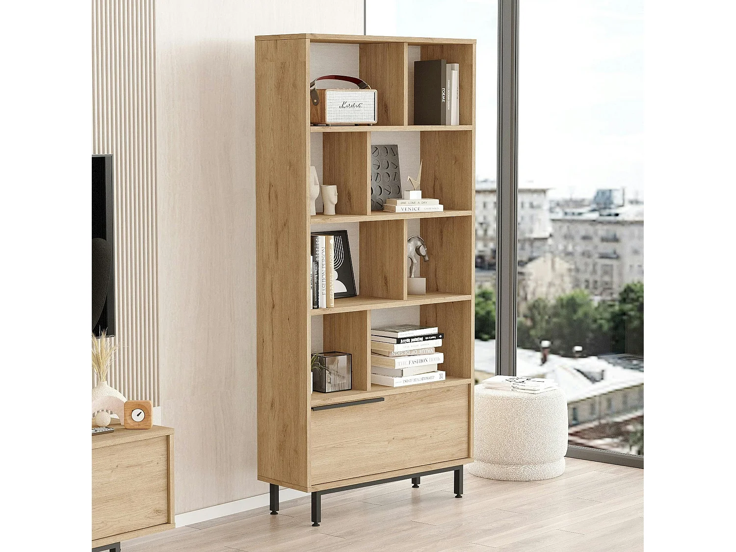 Bibliothèque ouverte effet bois avec rangement bas fermé JENA