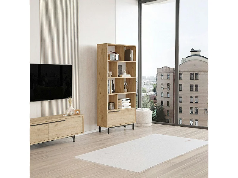 Bibliothèque ouverte effet bois avec rangement bas fermé JENA