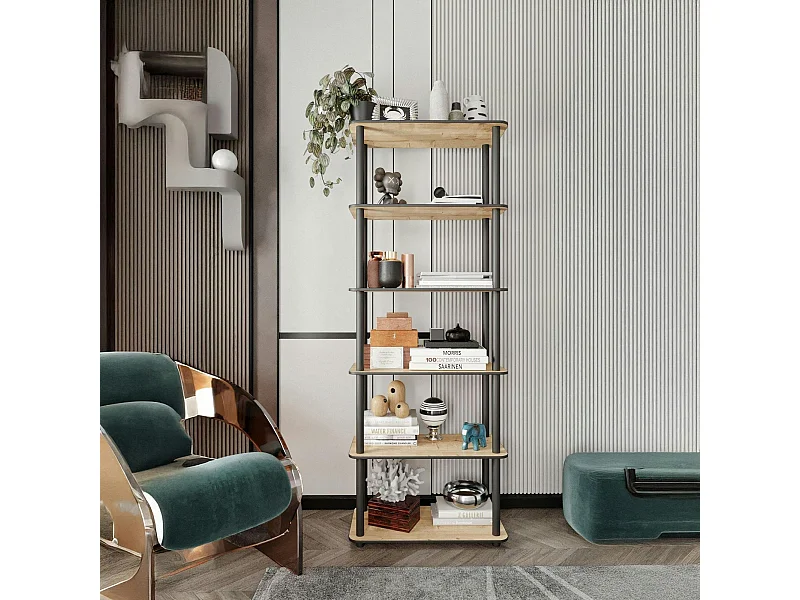 Bibliothèque étroite moderne effet bois - 6 étagères JENA