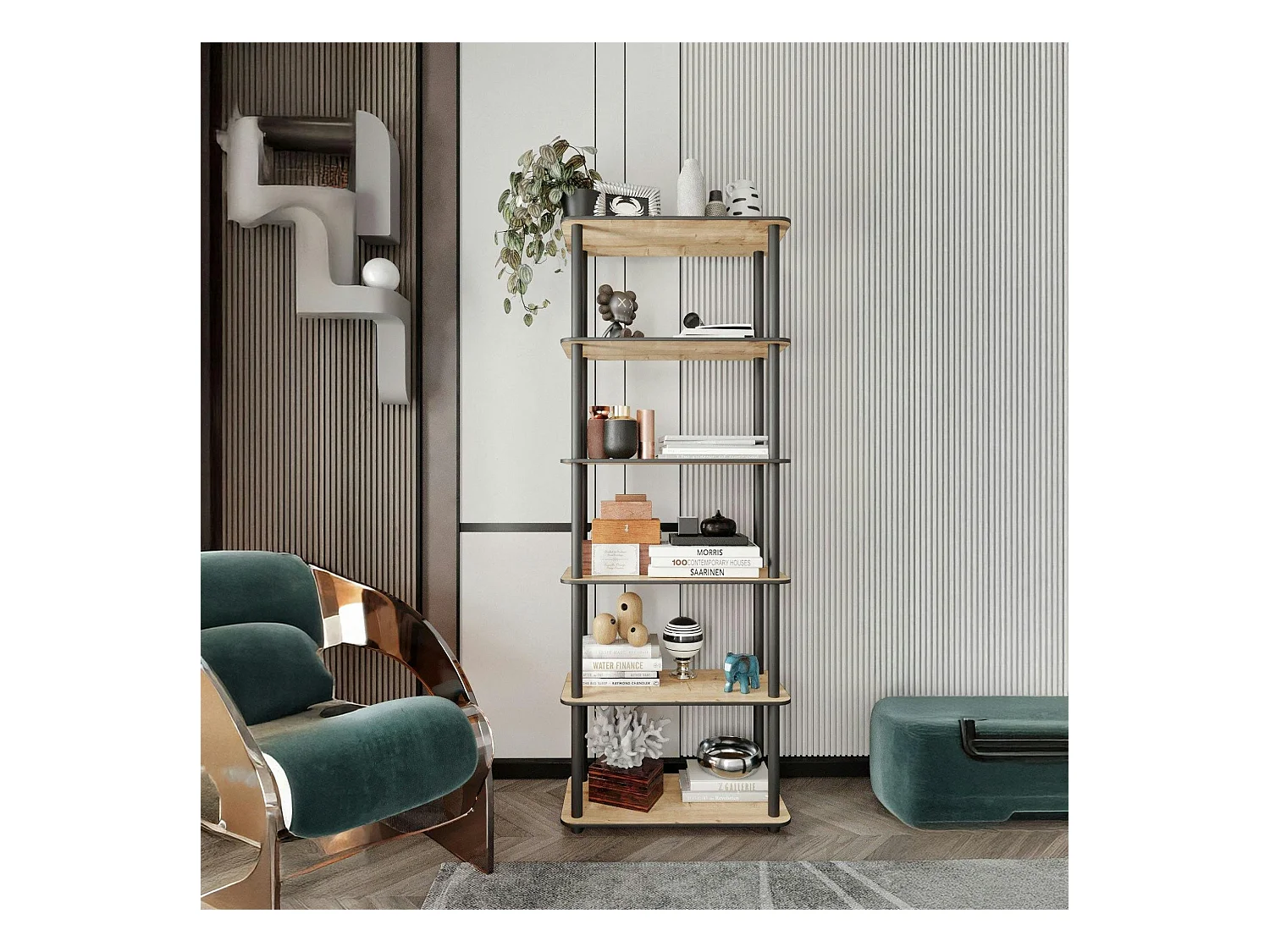 Bibliothèque étroite moderne effet bois - 6 étagères JENA