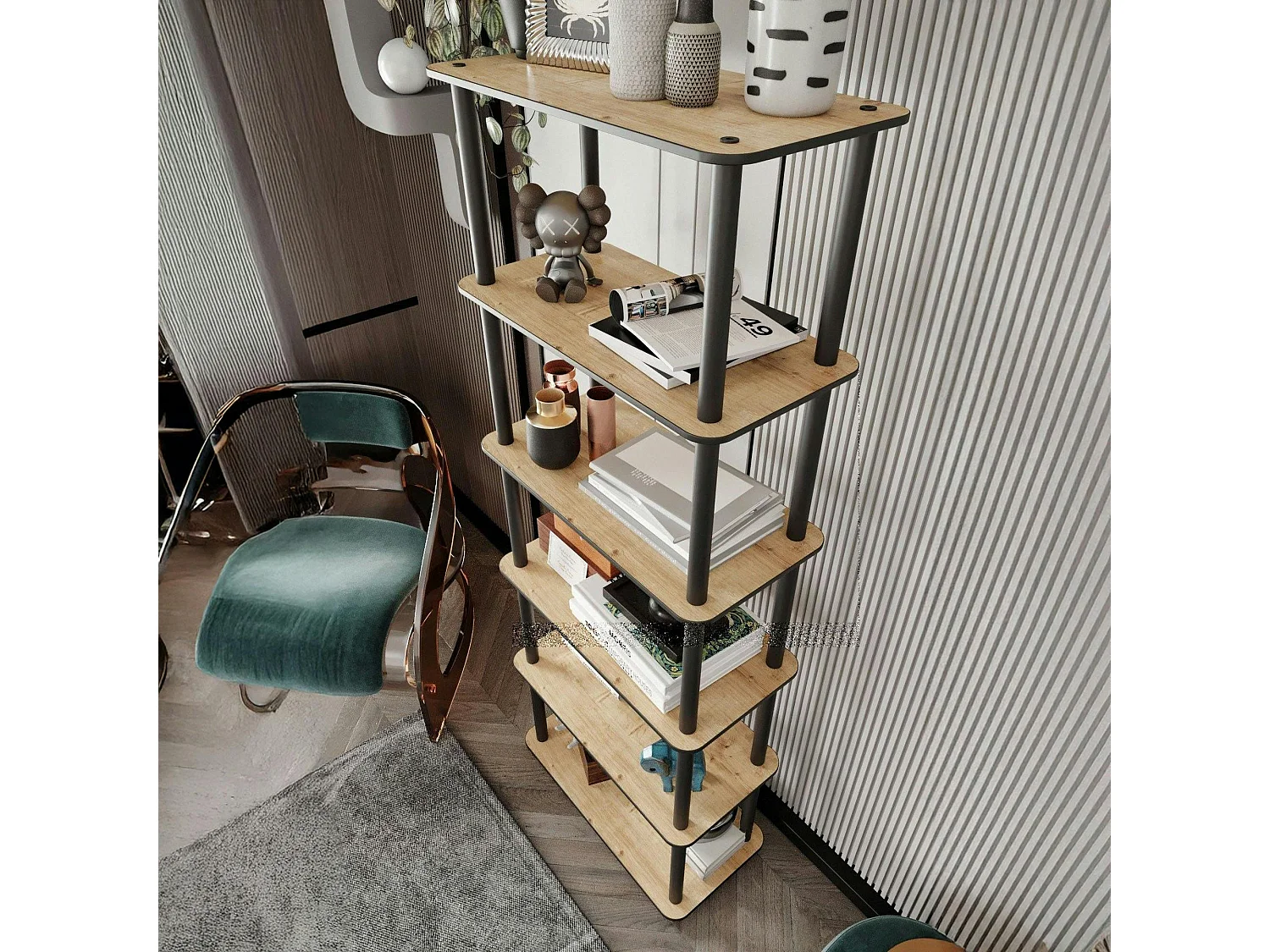 Bibliothèque étroite moderne effet bois - 6 étagères JENA