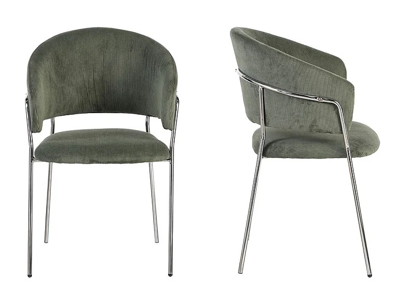 Lot de 2 chaises en velours côtelé vert kaki et piètement chromé - Isya