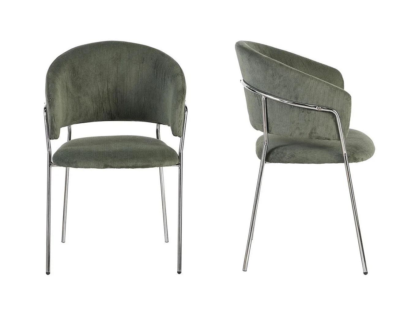 Lot de 2 chaises en velours côtelé vert kaki et piètement chromé - Isya