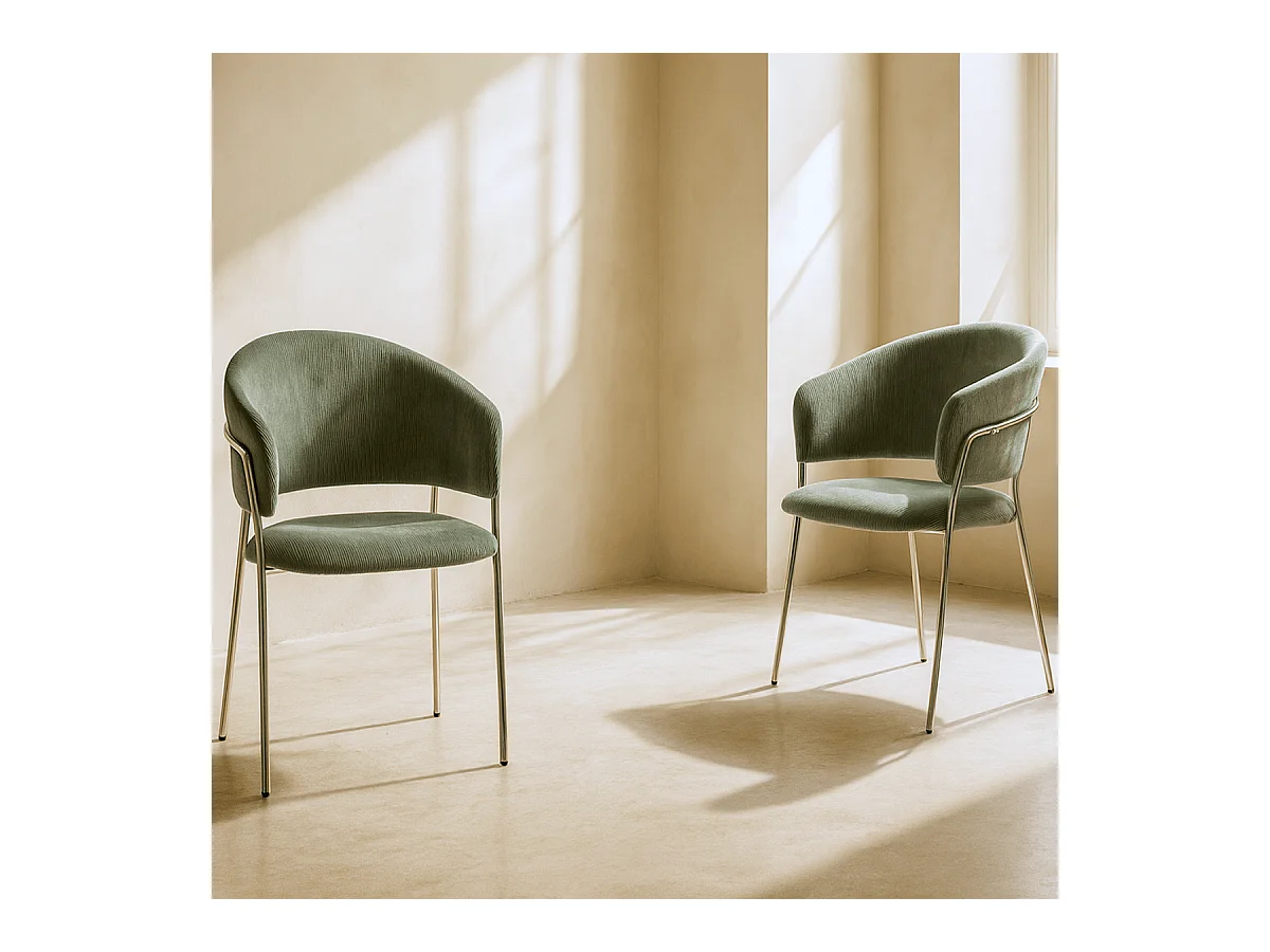 Lot de 2 chaises en velours côtelé vert kaki et piètement chromé - Isya