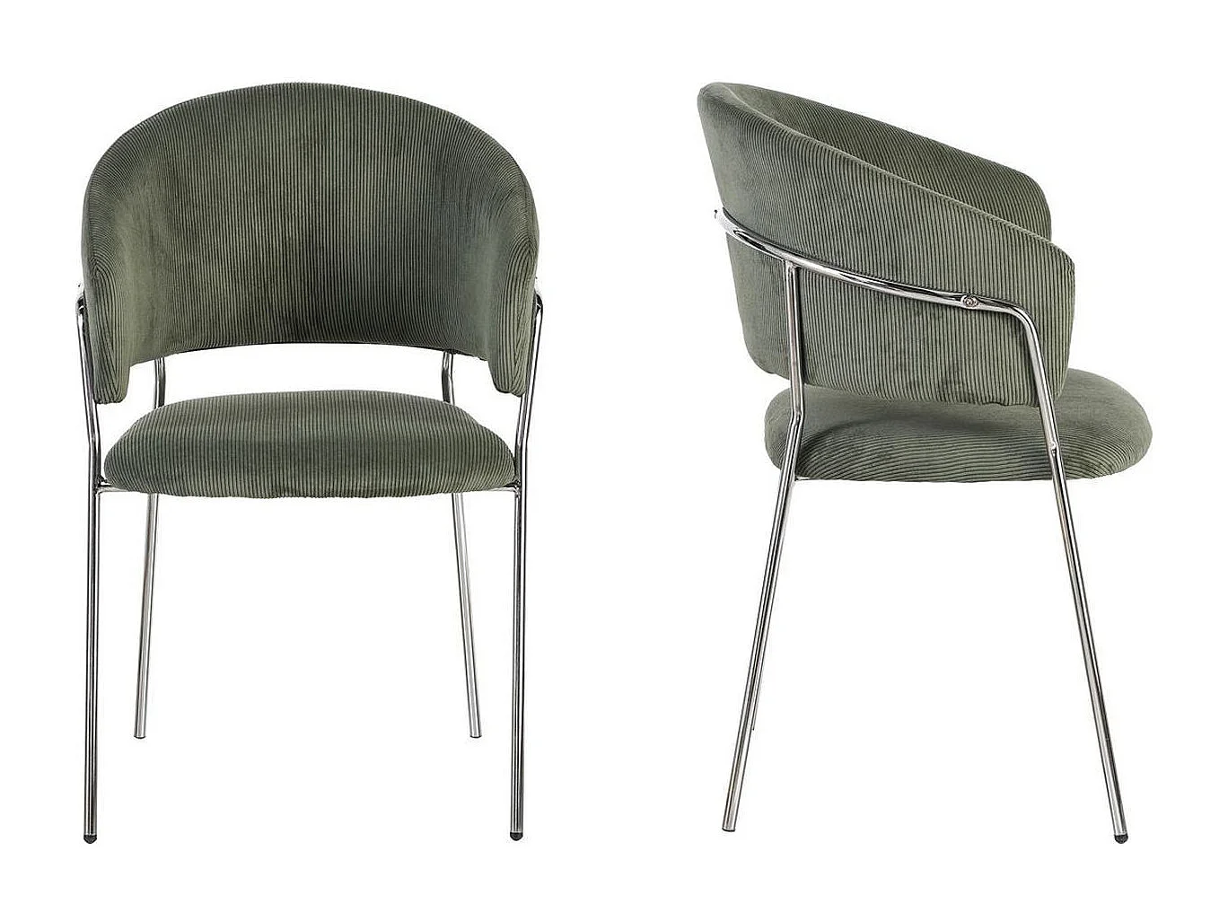 Lot de 2 chaises en velours côtelé vert kaki et piètement chromé - Isya