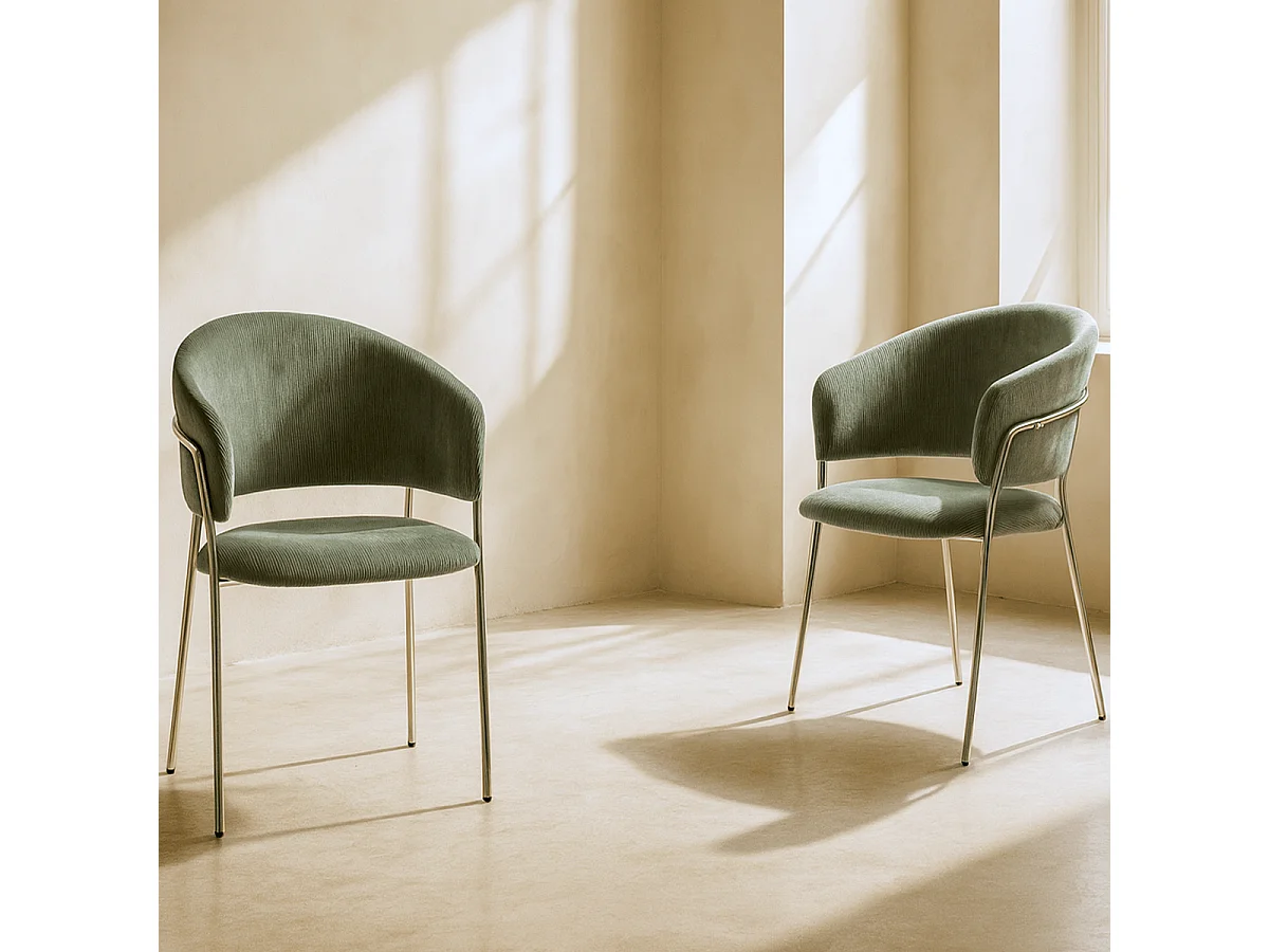Lot de 2 chaises en velours côtelé vert kaki et piètement chromé - Isya