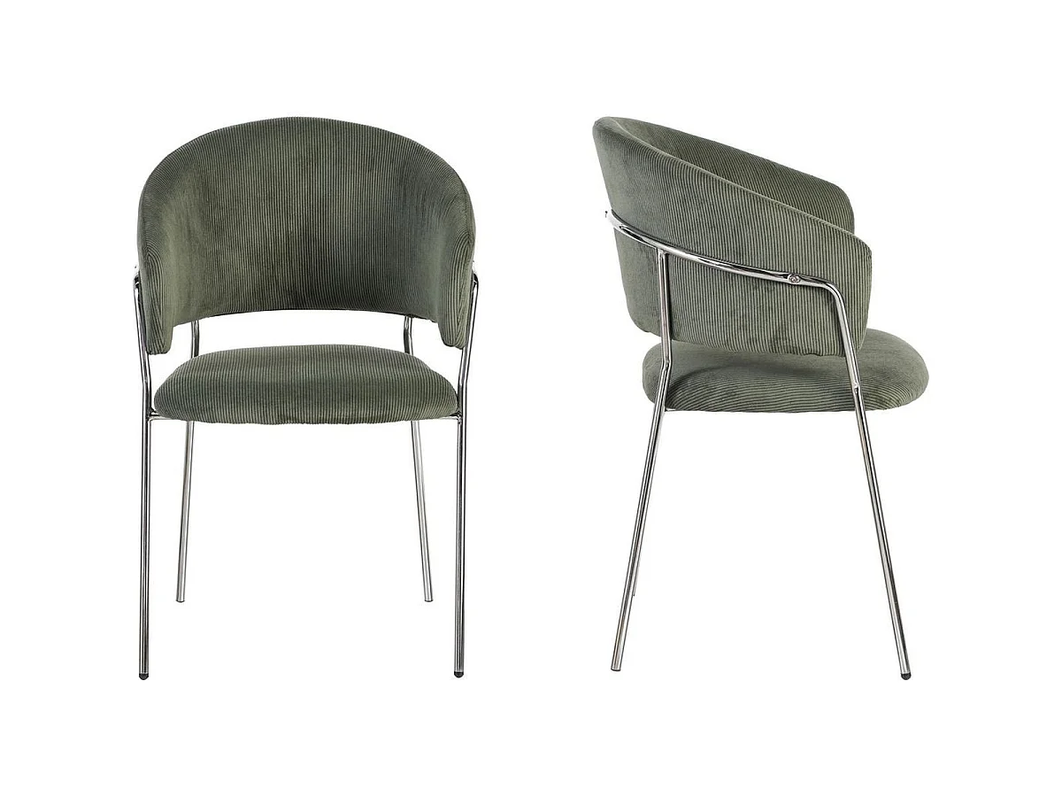 Lot de 2 chaises en velours côtelé vert kaki et piètement chromé - Isya