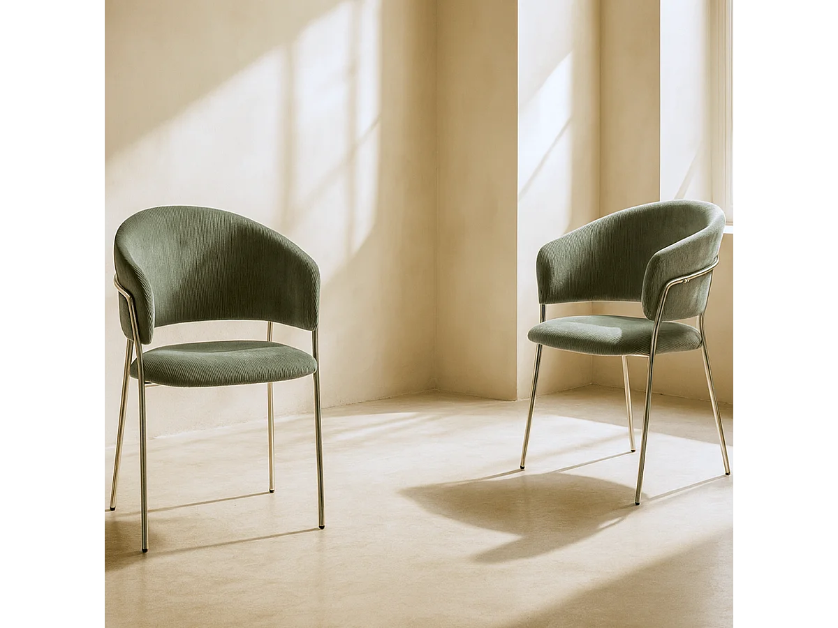 Lot de 2 chaises en velours côtelé vert kaki et piètement chromé - Isya