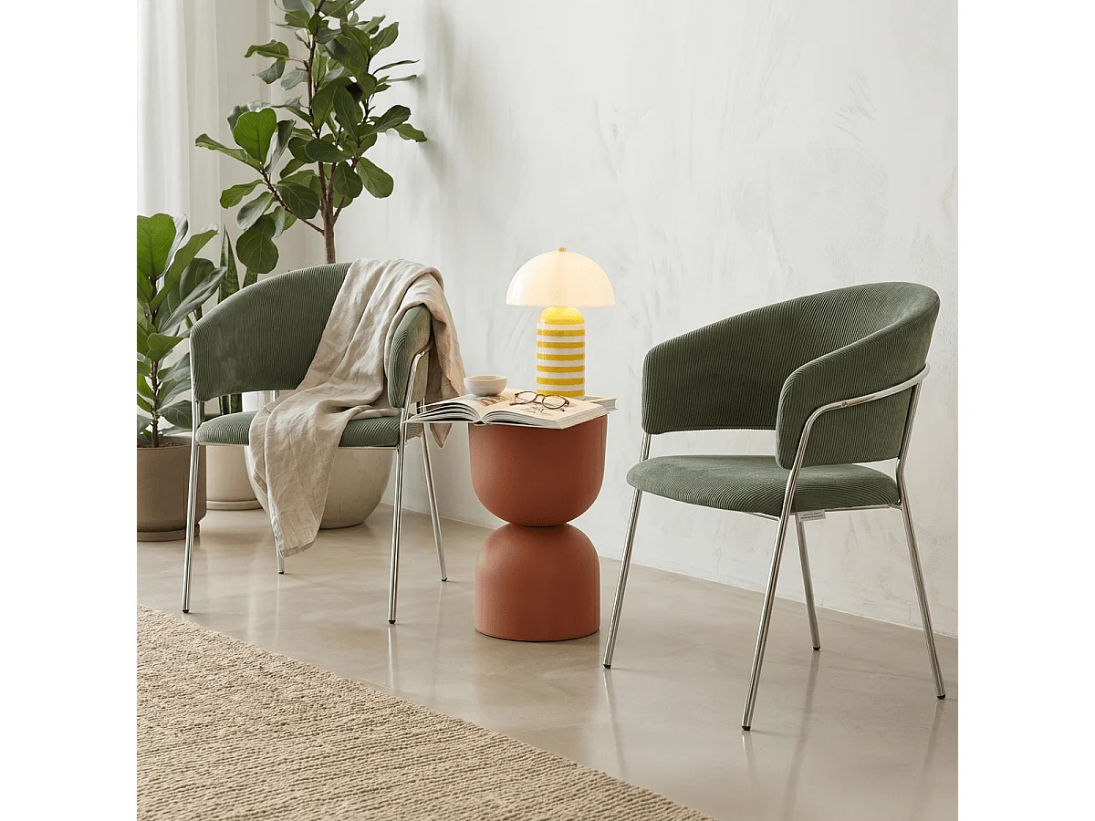 Lot de 2 chaises en velours côtelé vert kaki et piètement chromé - Isya