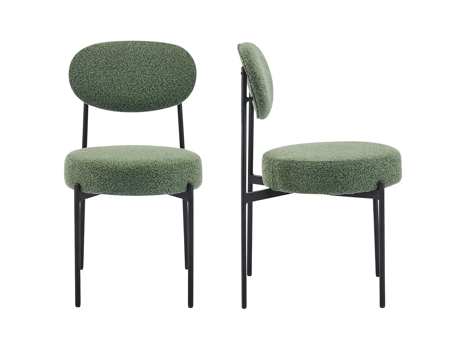 Lot de 2 chaises en tissu bouclé vert, piètement métal noir - Evora