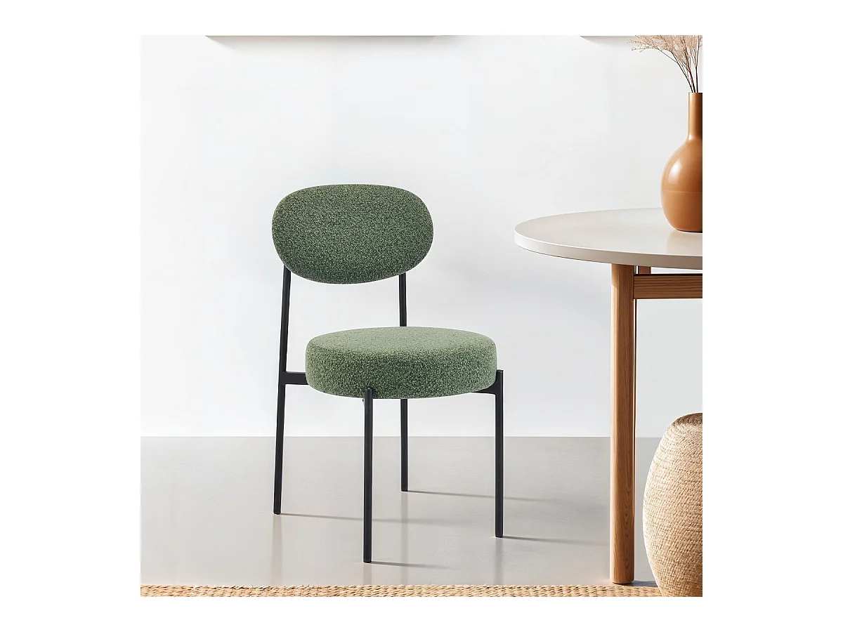 Lot de 2 chaises en tissu bouclé vert, piètement métal noir - Evora