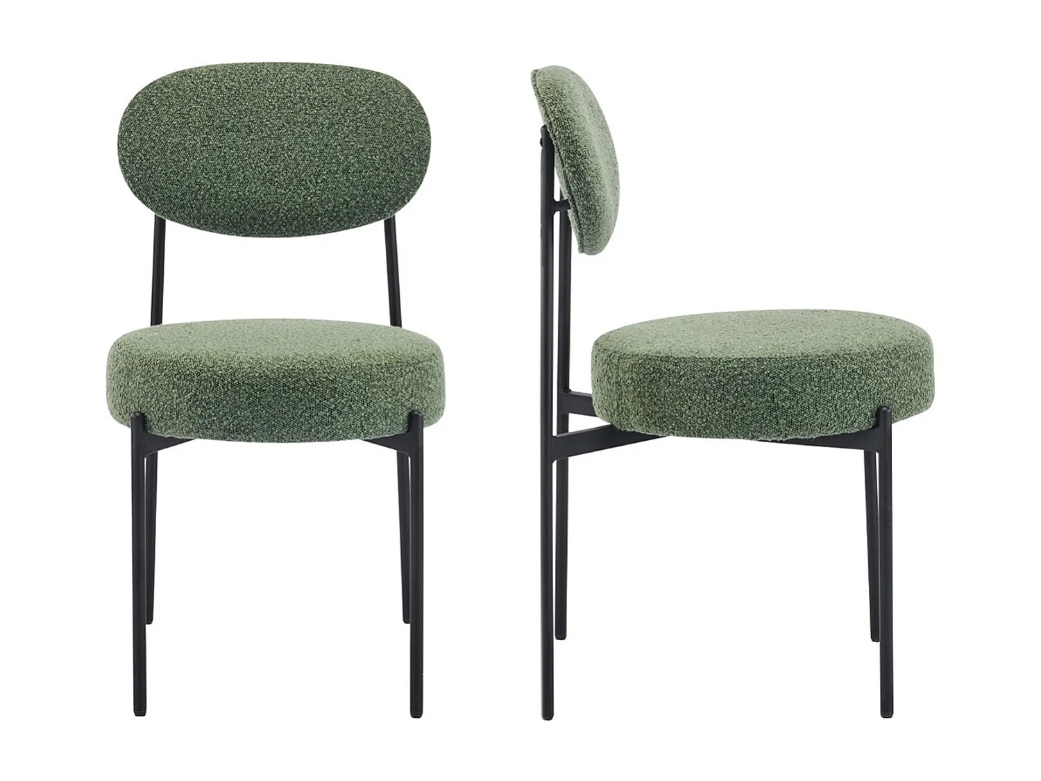 Lot de 2 chaises en tissu bouclé vert kaki, piètement métal noir - Evora