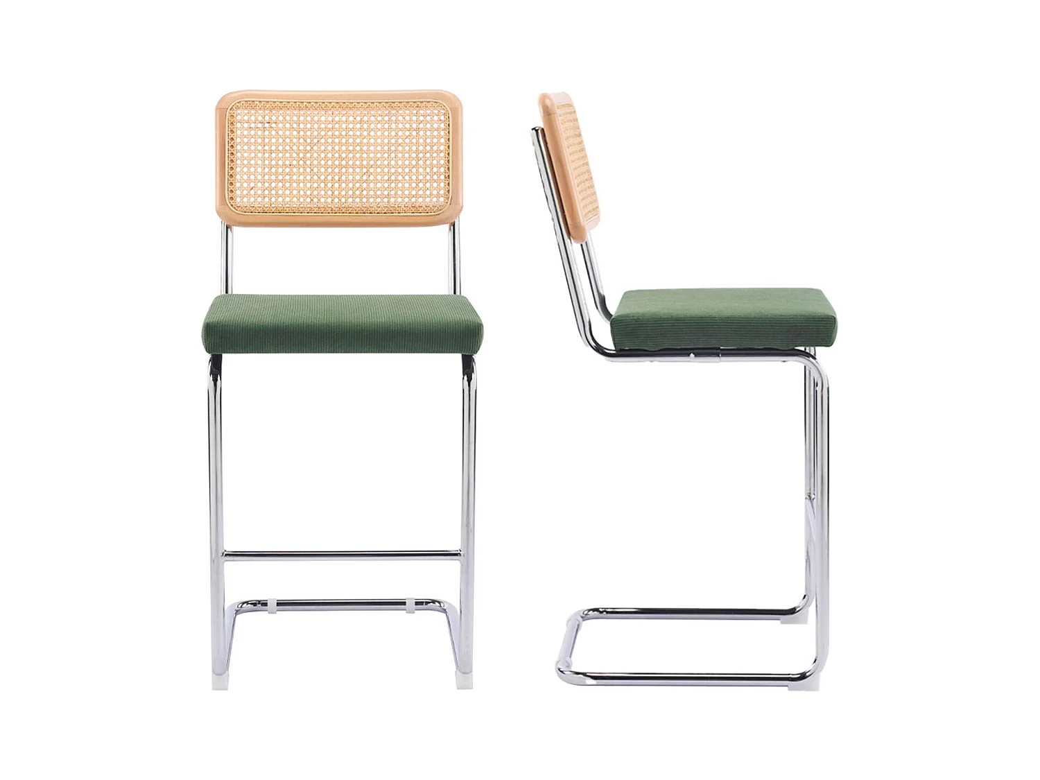 Lot de 2 tabourets de bar en cannage et velours côtelé vert kaki - Muse
