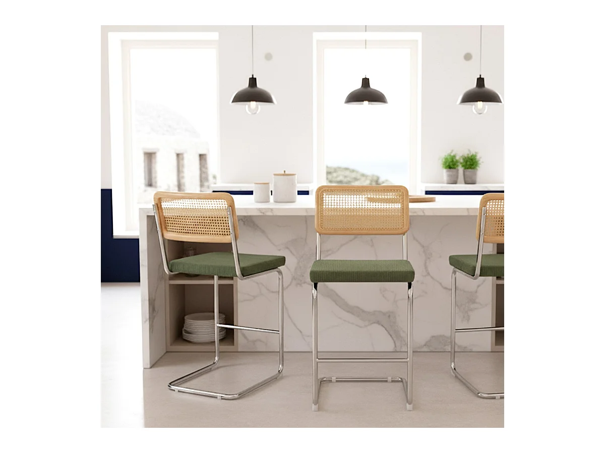 Lot de 2 tabourets de bar en cannage et velours côtelé vert kaki - Muse