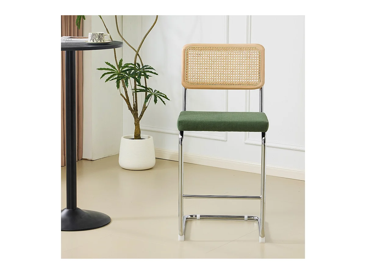 Lot de 2 tabourets de bar en cannage et velours côtelé vert kaki - Muse