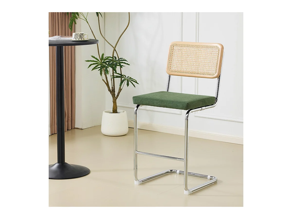 Lot de 2 tabourets de bar en cannage et velours côtelé vert kaki - Muse