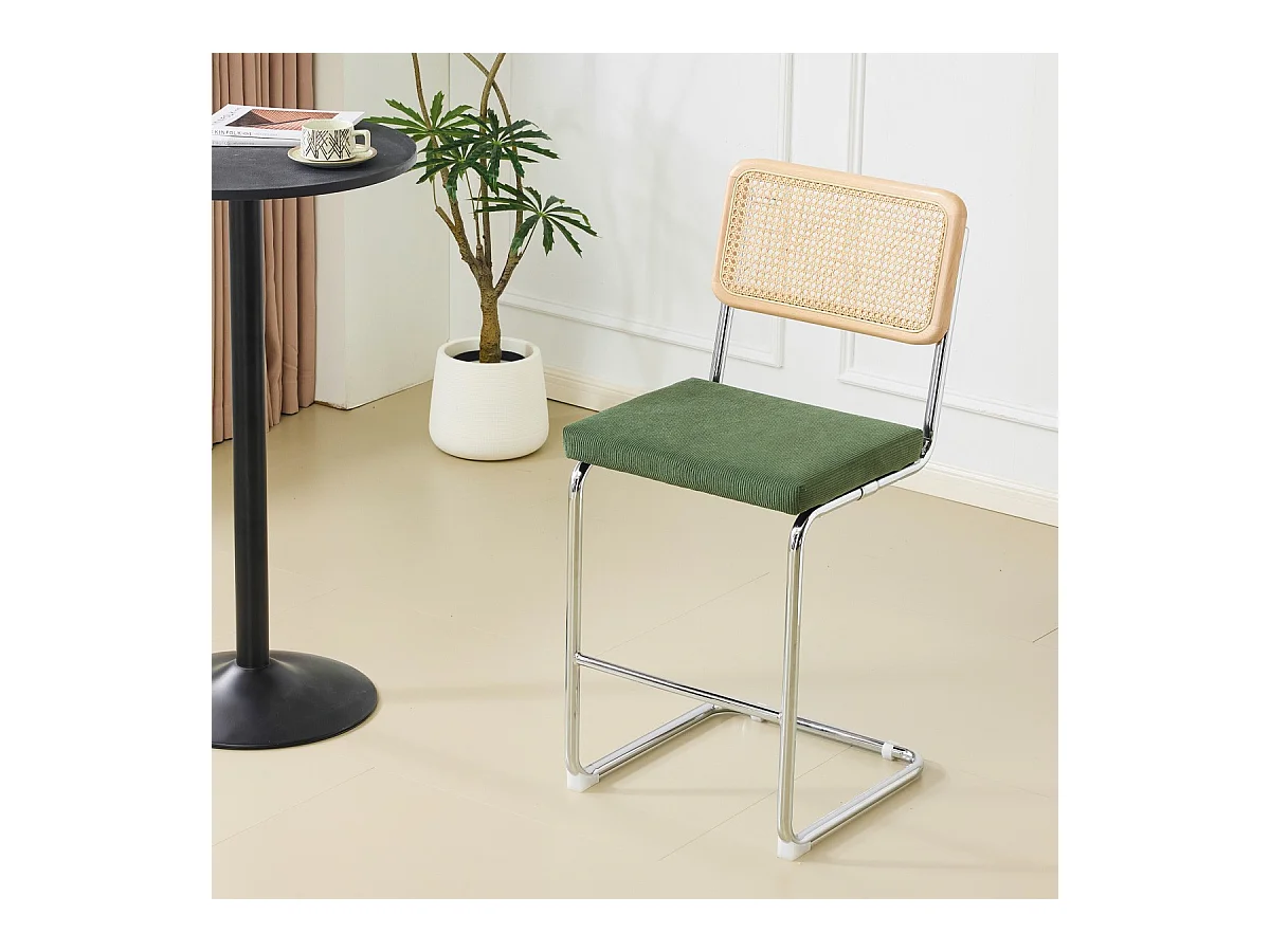 Lot de 2 tabourets de bar en cannage et velours côtelé vert kaki - Muse