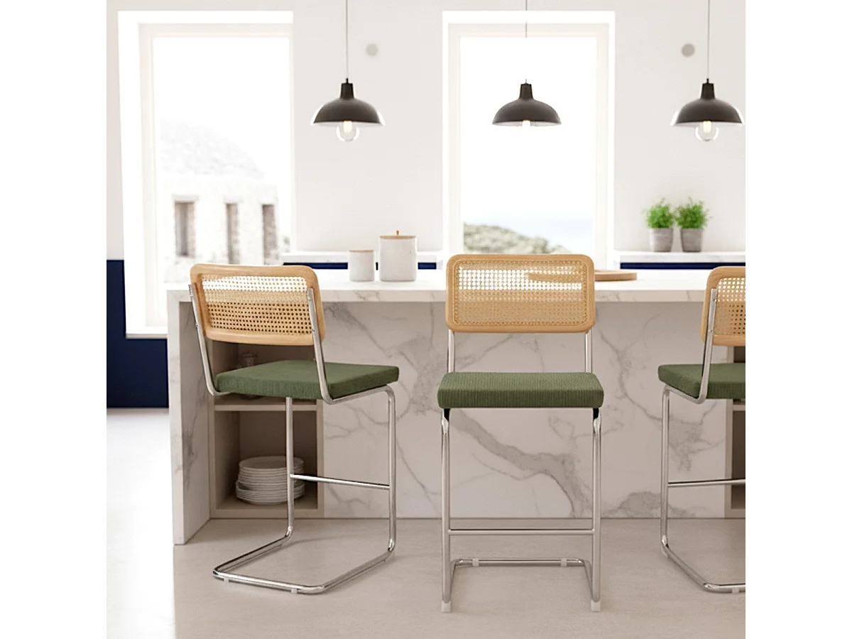 Lot de 2 tabourets de bar en cannage et velours côtelé vert kaki - Muse