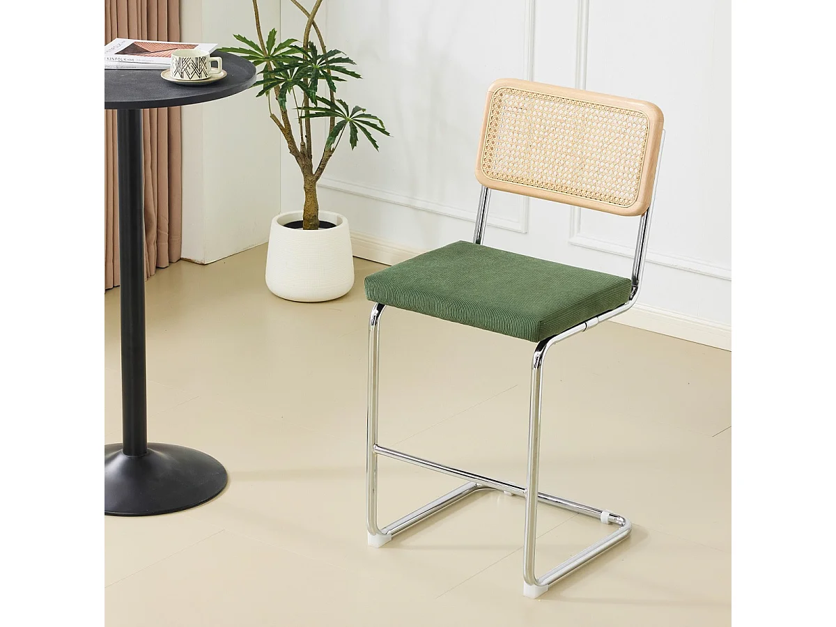 Lot de 2 tabourets de bar en cannage et velours côtelé vert kaki - Muse