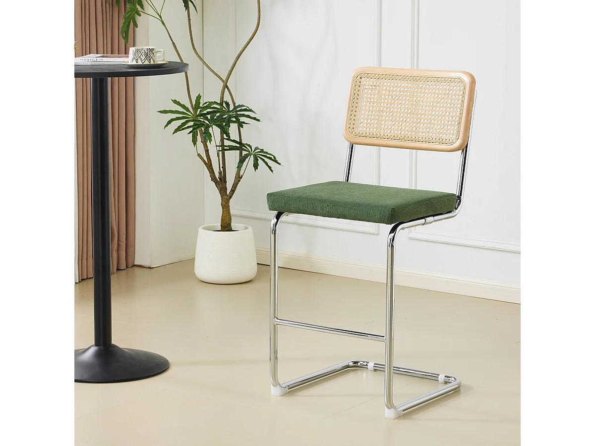 Lot de 2 tabourets de bar en cannage et velours côtelé vert kaki - Muse