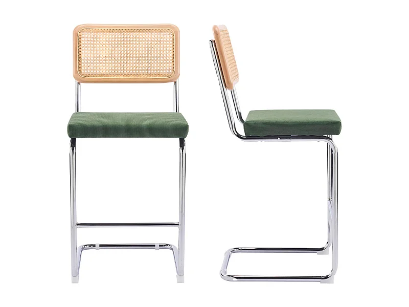Lot de 2 tabourets de bar en cannage et velours côtelé vert kaki - Muse