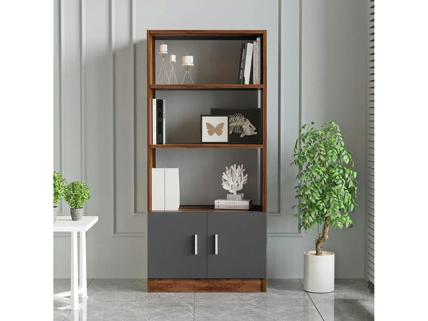 Bibliothèque moderne effet noyer avec portes grises MARFA