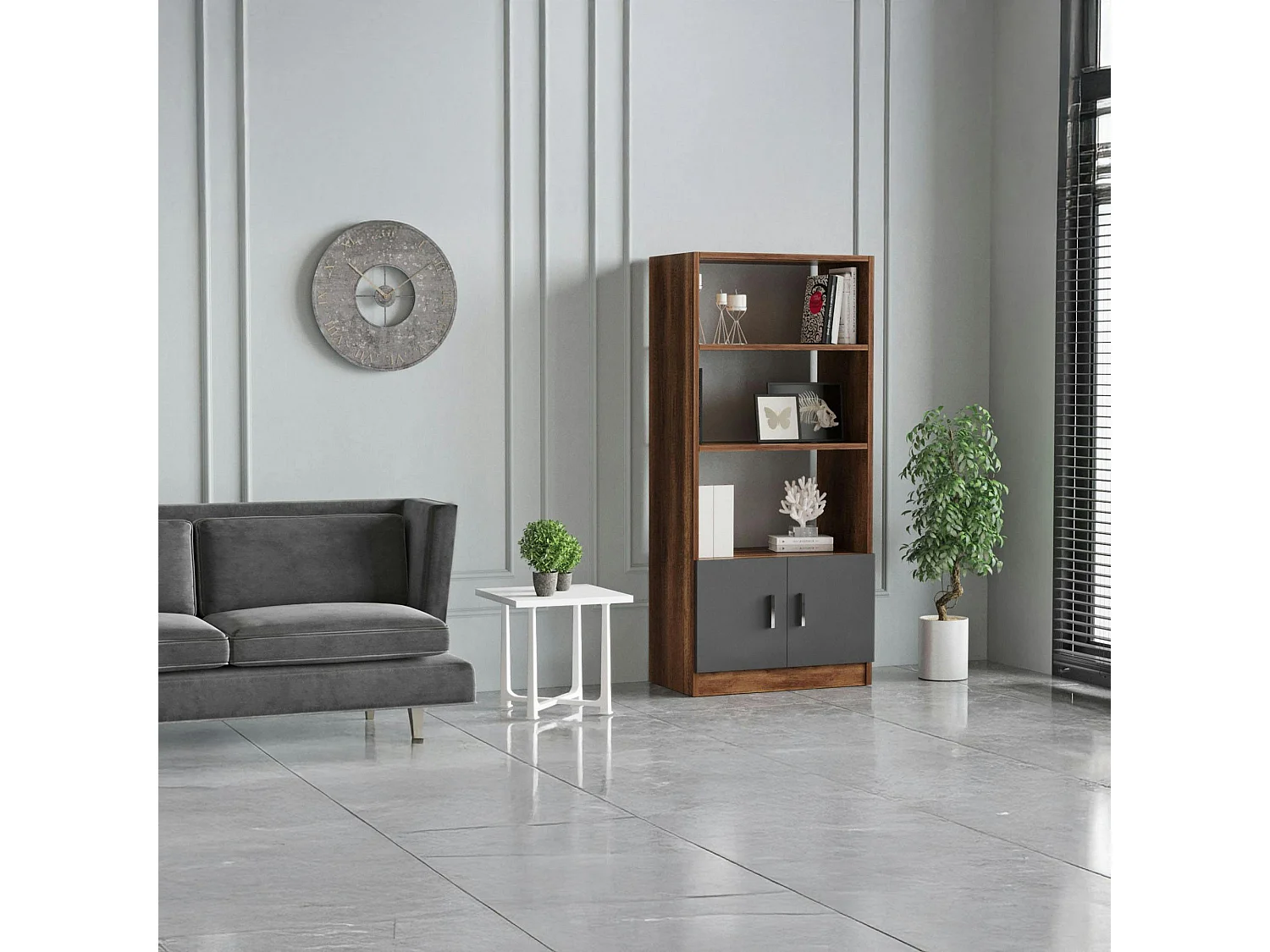 Bibliothèque moderne effet noyer avec portes grises MARFA