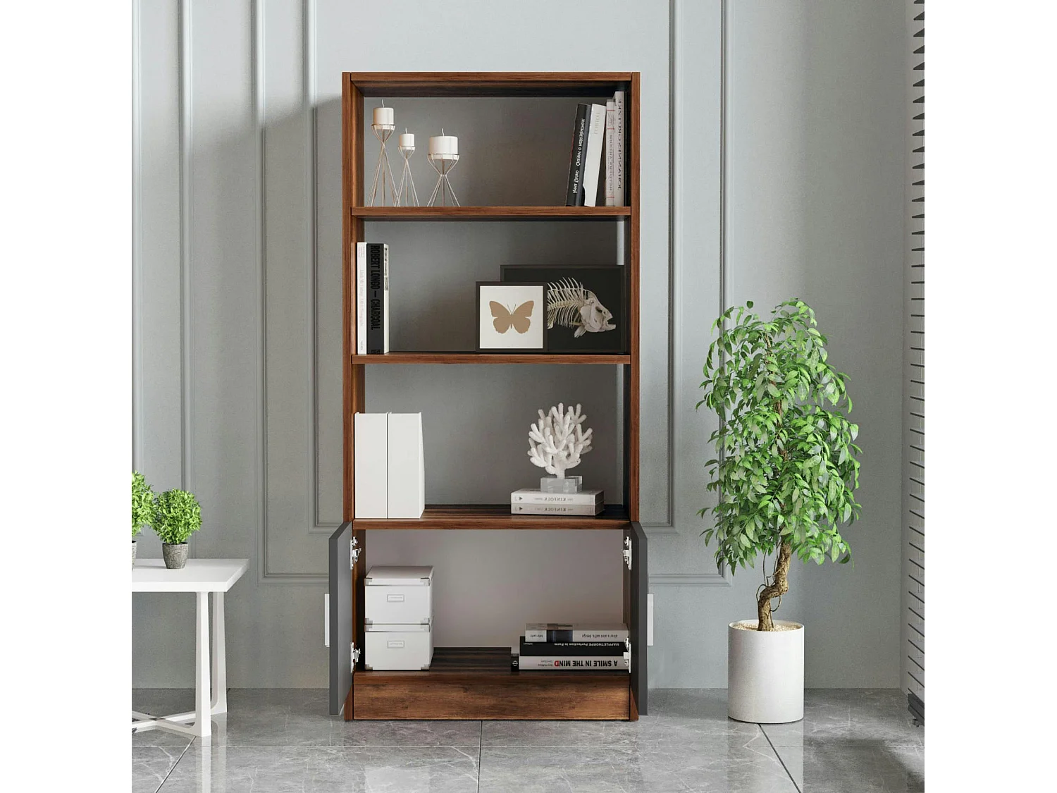 Bibliothèque moderne effet noyer avec portes grises MARFA