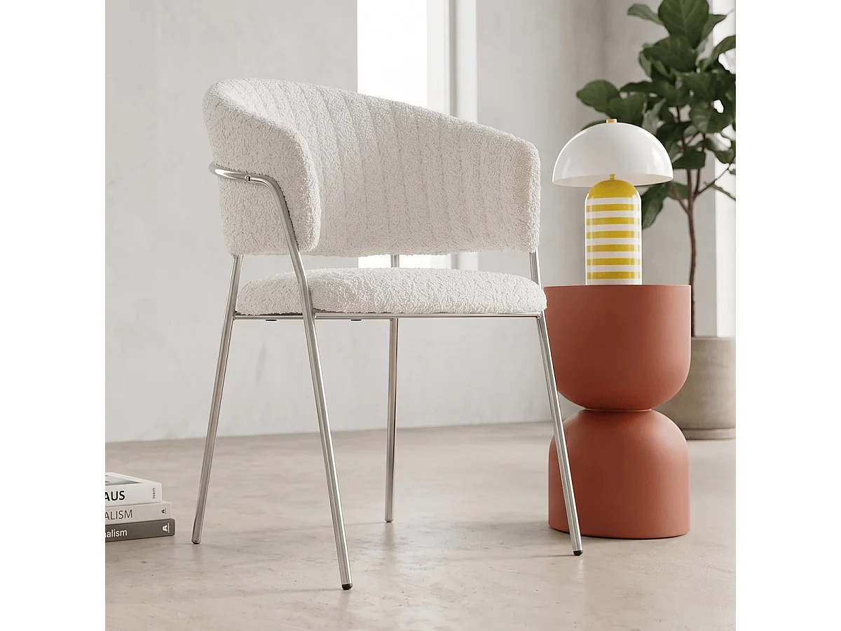 Lot de 2 chaises en tissu bouclé beige et piètement chromé - Isya