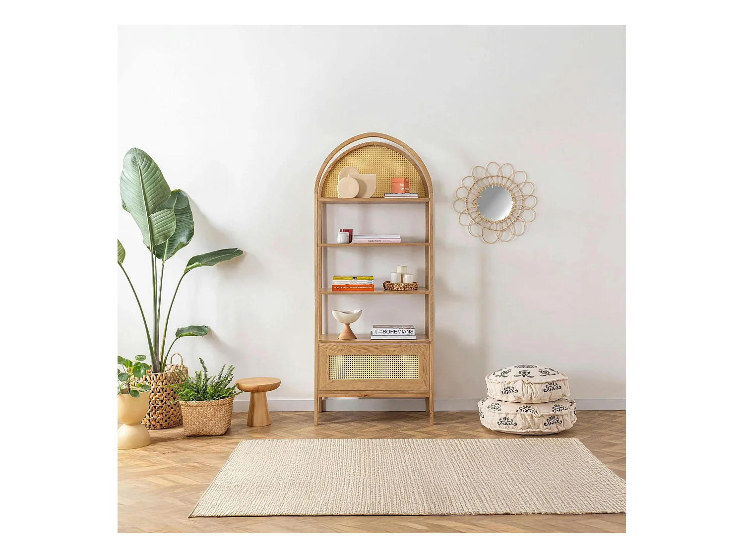 Bibliothèque cannage & effet bois ovale 4 étagères TANDI