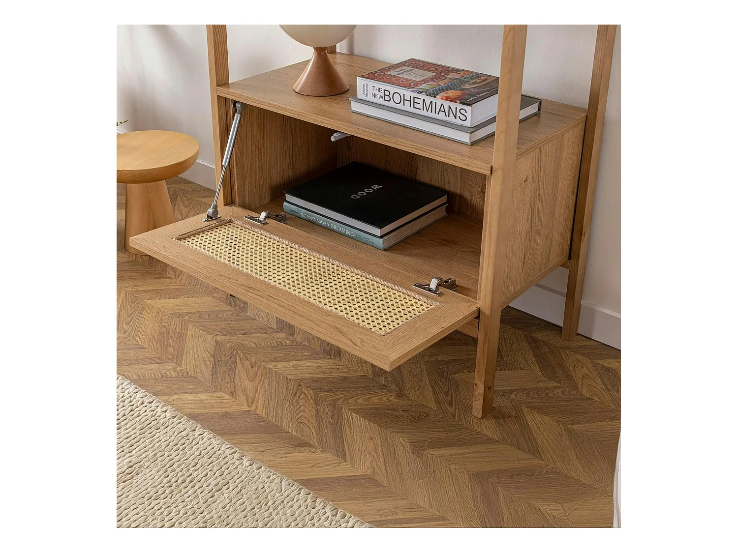 Bibliothèque cannage & effet bois ovale 4 étagères TANDI