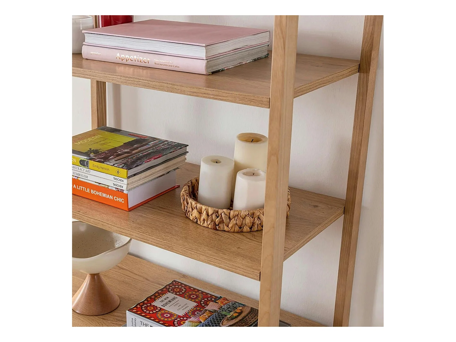 Bibliothèque cannage & effet bois ovale 4 étagères TANDI