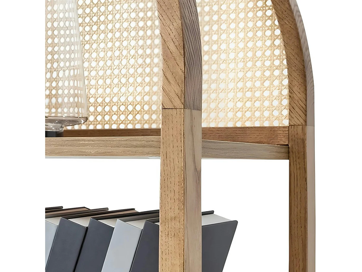 Bibliothèque cannage & effet bois ovale 4 étagères TANDI