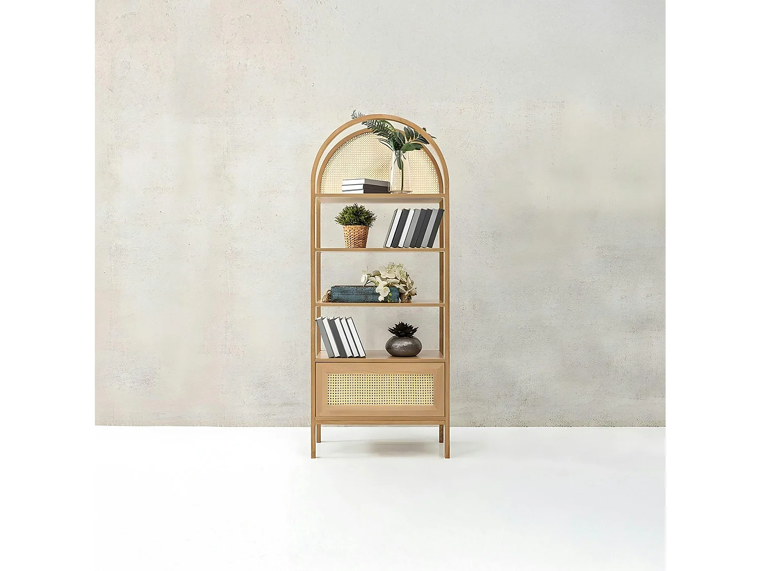 Bibliothèque cannage & effet bois ovale 4 étagères TANDI