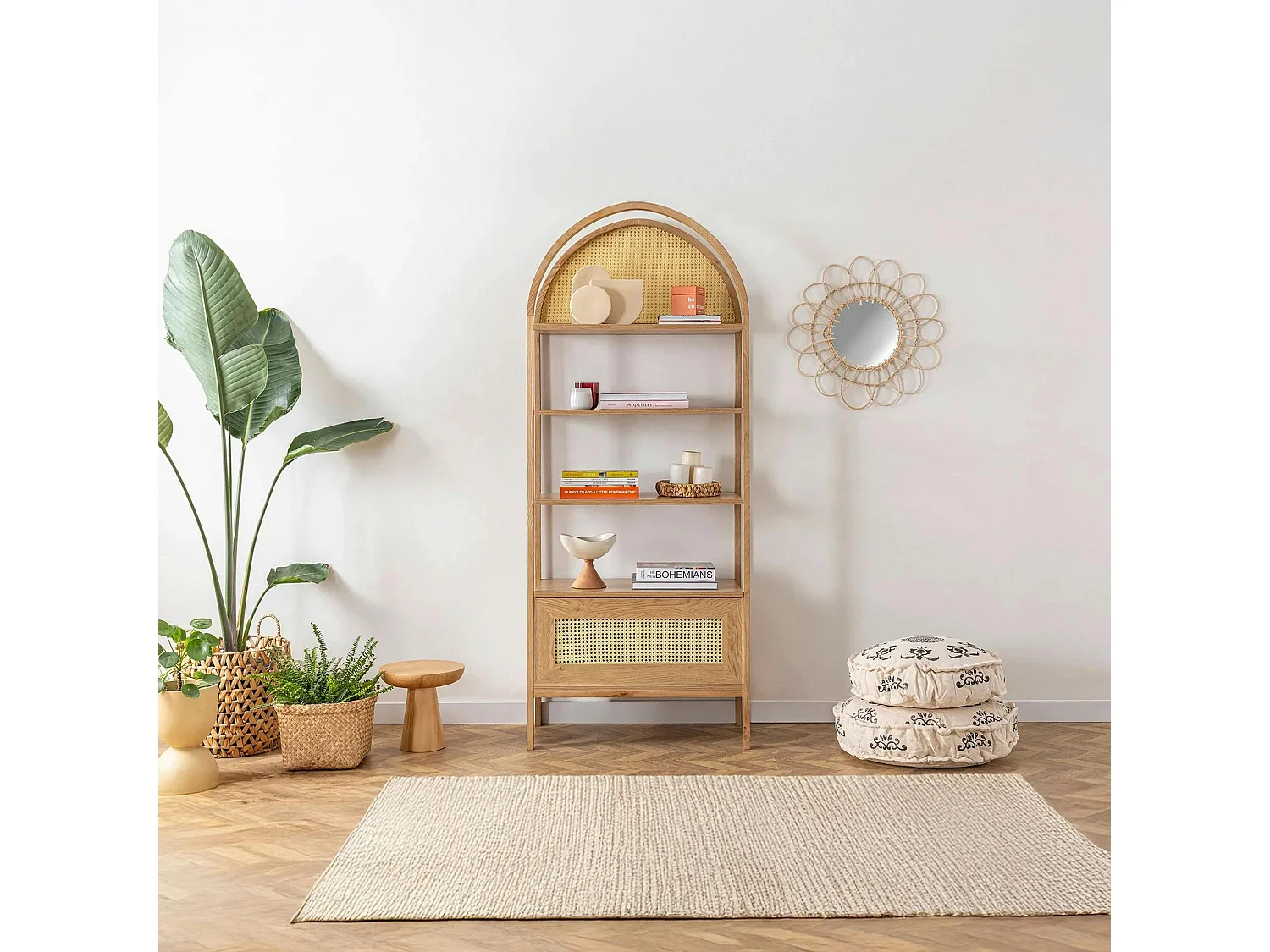 Bibliothèque cannage & effet bois ovale 4 étagères TANDI