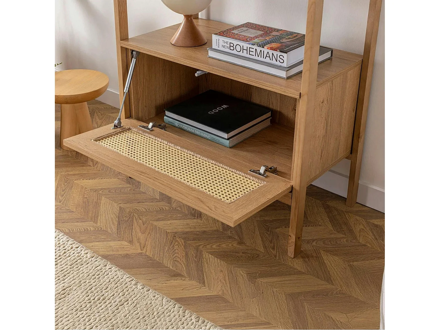 Bibliothèque cannage & effet bois ovale 4 étagères TANDI