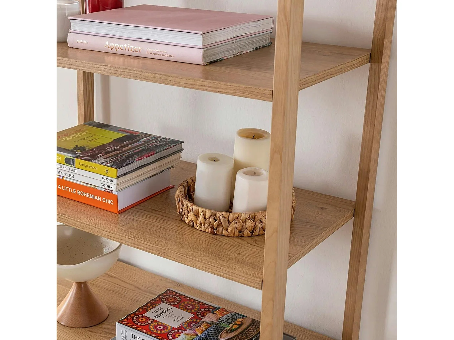 Bibliothèque cannage & effet bois ovale 4 étagères TANDI