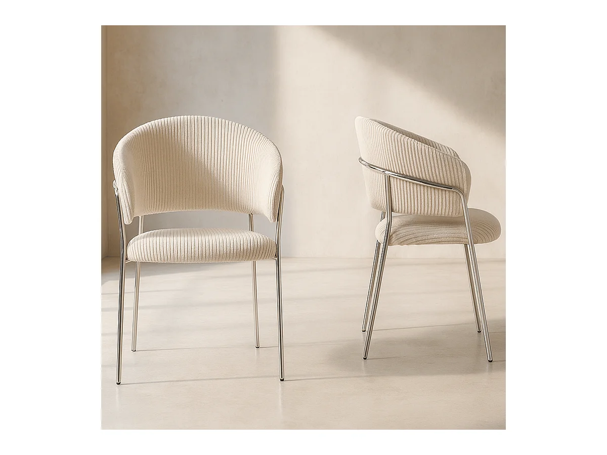 Lot de 2 chaises en velours côtelé beige et piètement chromé - Isya