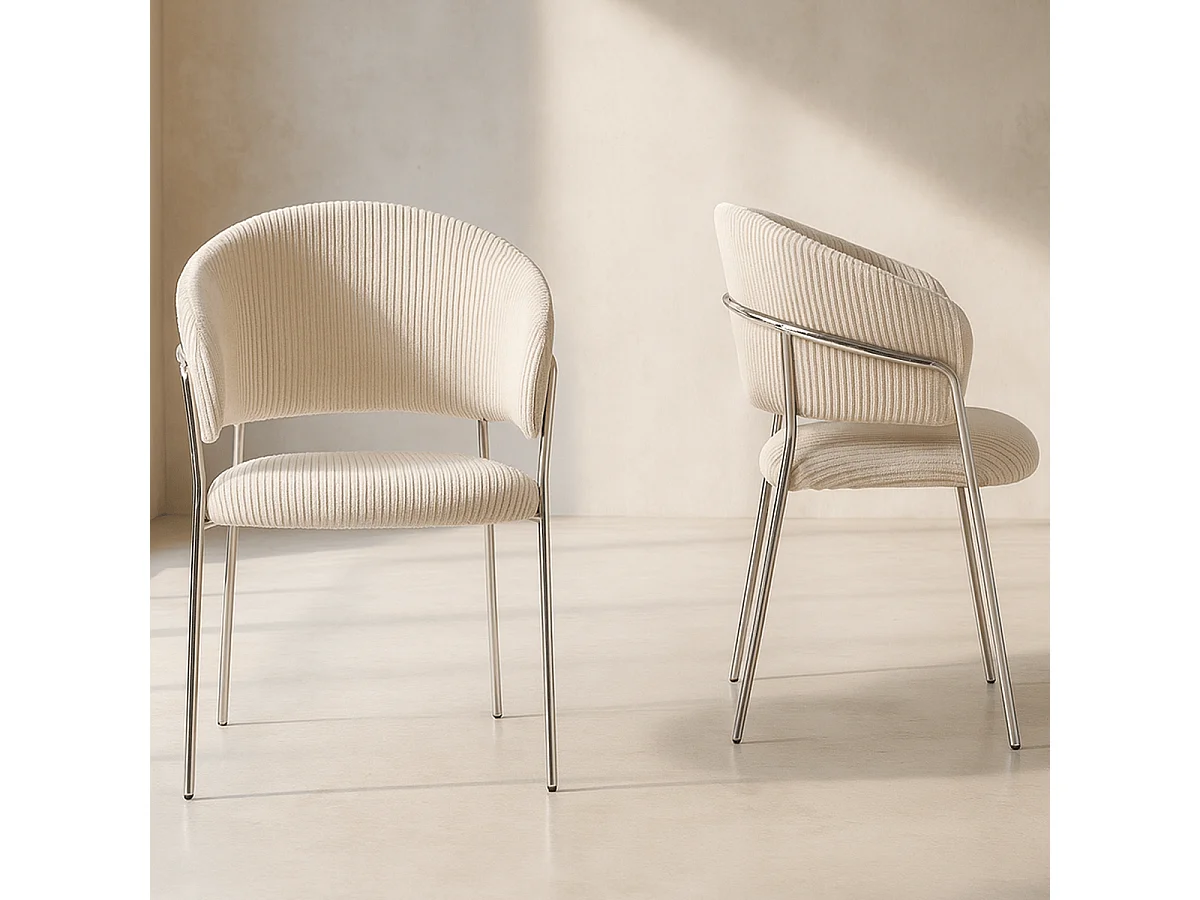 Lot de 2 chaises en velours côtelé beige et piètement chromé - Isya