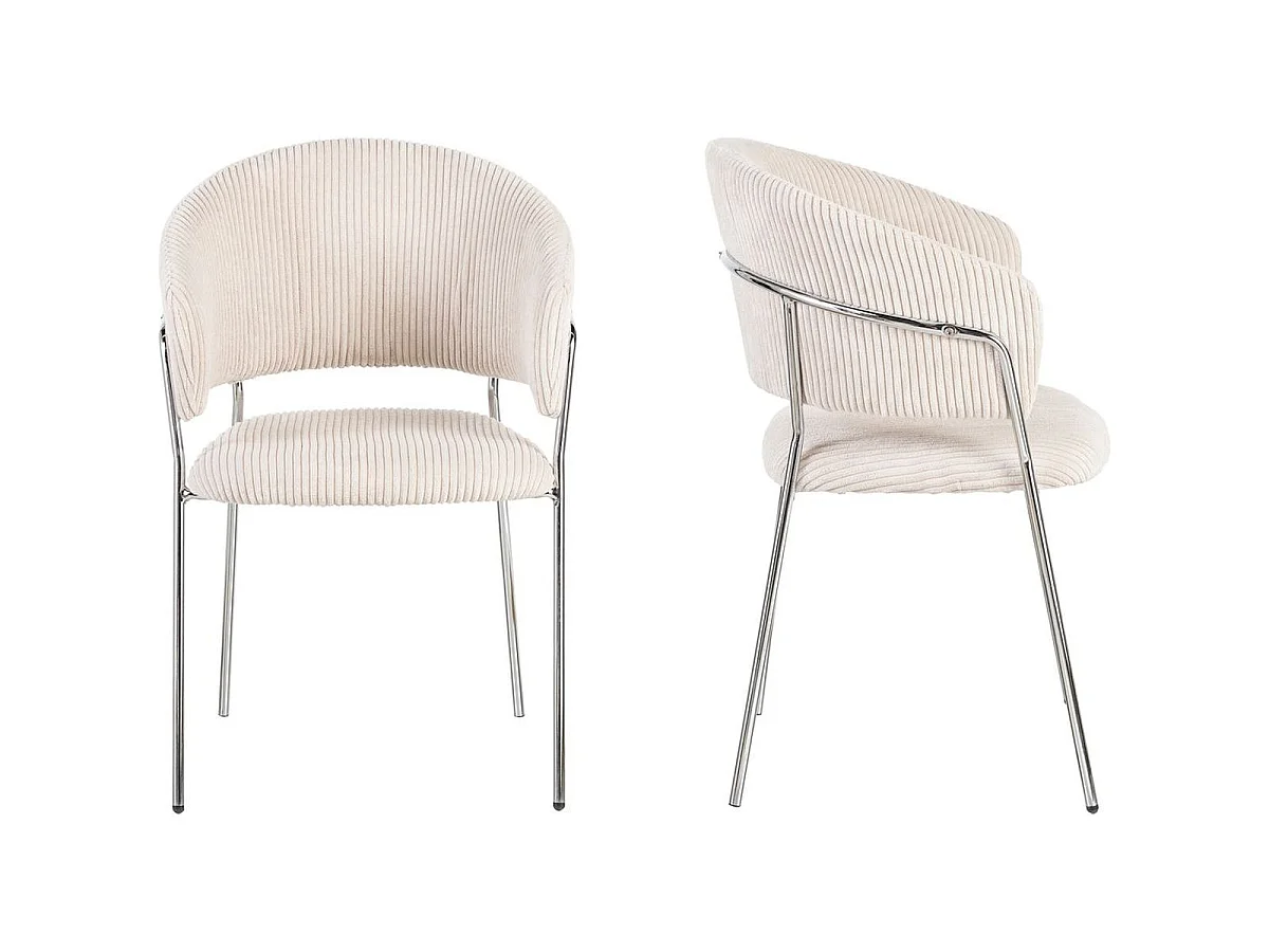 Lot de 2 chaises en velours côtelé beige et piètement chromé - Isya