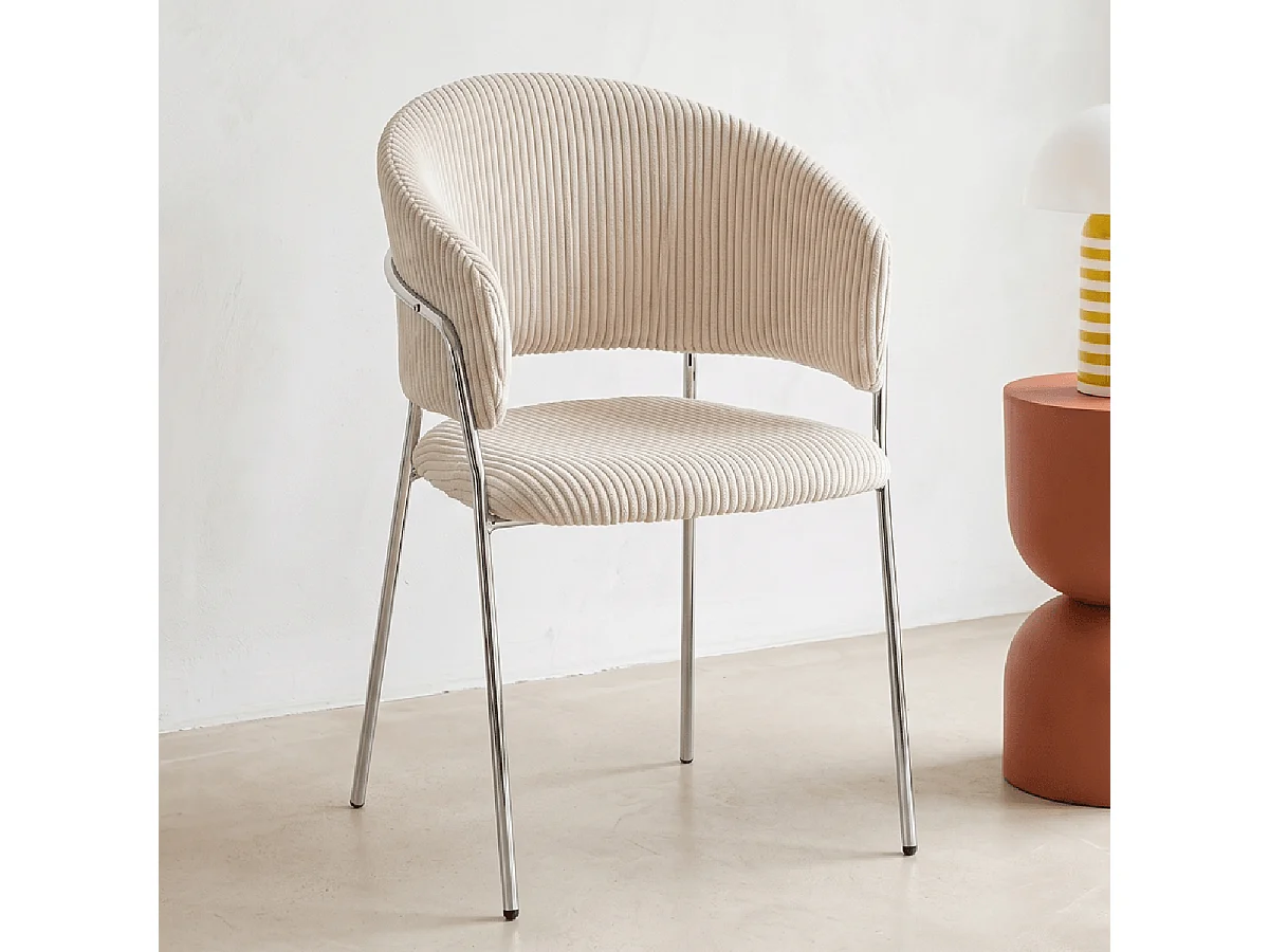 Lot de 2 chaises en velours côtelé beige et piètement chromé - Isya