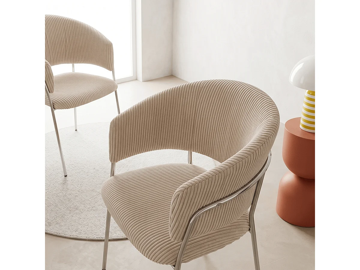 Lot de 2 chaises en velours côtelé beige et piètement chromé - Isya