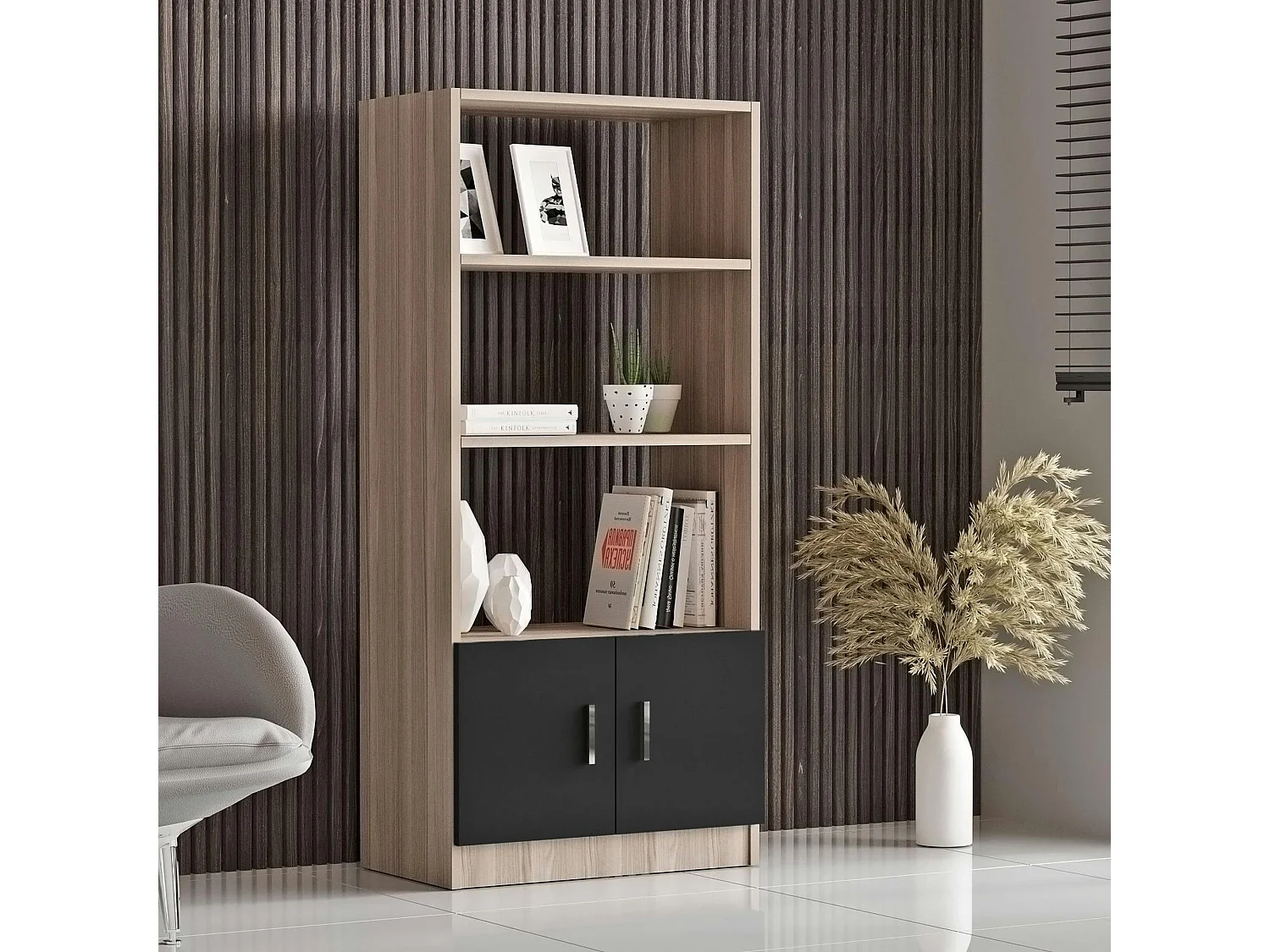 Bibliothèque moderne effet bois avec portes noires MARFA