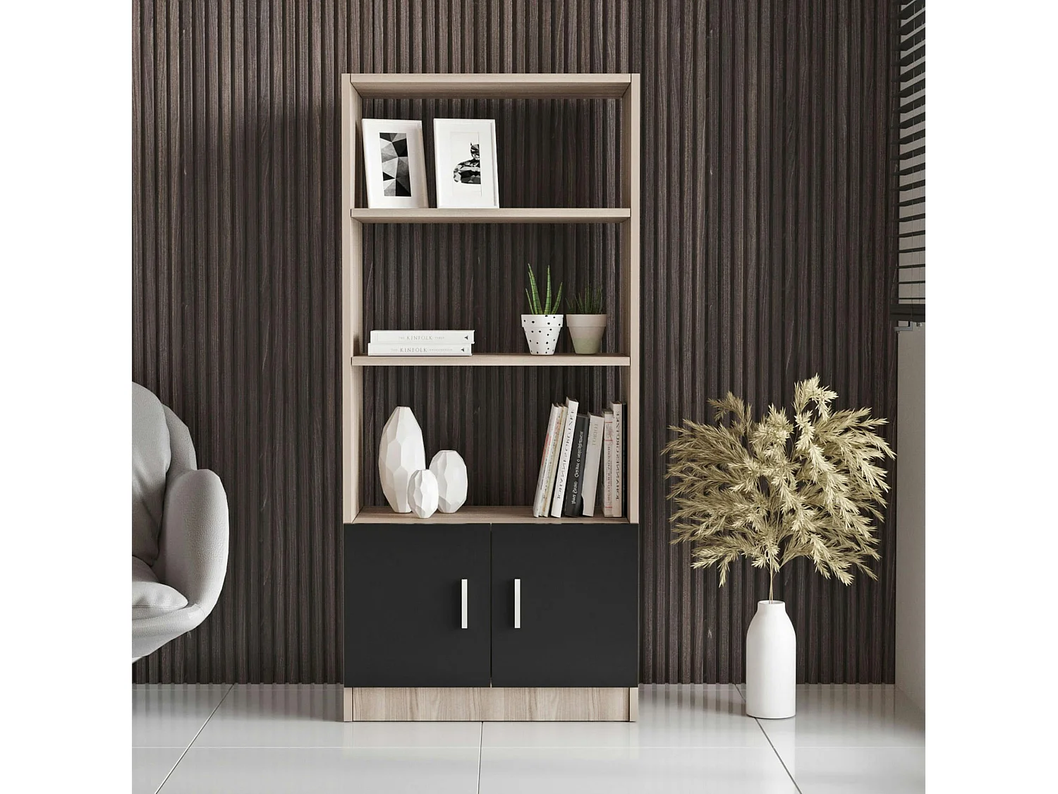 Bibliothèque moderne effet bois avec portes noires MARFA