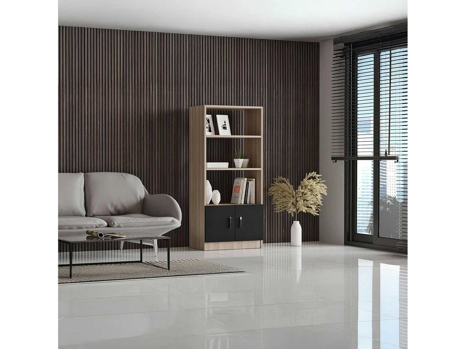 Bibliothèque moderne effet bois avec portes noires MARFA